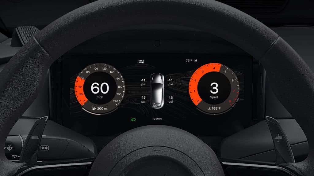 Digital car dashboard showing a speedometer at 60 mph, tachometer at 3, Sport mode, Apple Maps navigation, tire pressure readings, temperature of 72°F, and odometer at 1250 miles—plus a glimpse of MICHELIN Ratings on the display.