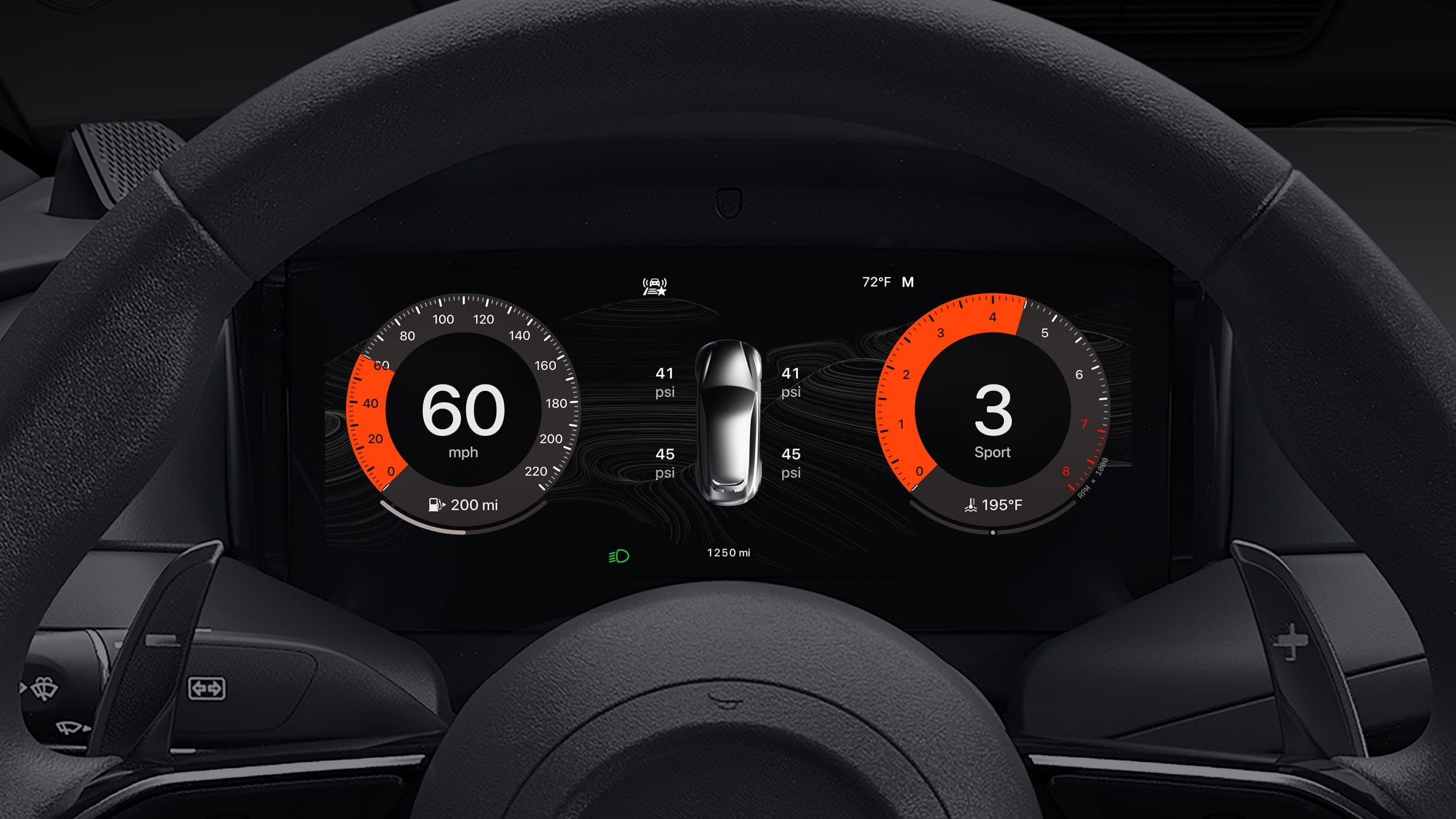 Digital car dashboard showing a speedometer at 60 mph, tachometer at 3, Sport mode, Apple Maps navigation, tire pressure readings, temperature of 72°F, and odometer at 1250 miles—plus a glimpse of MICHELIN Ratings on the display.