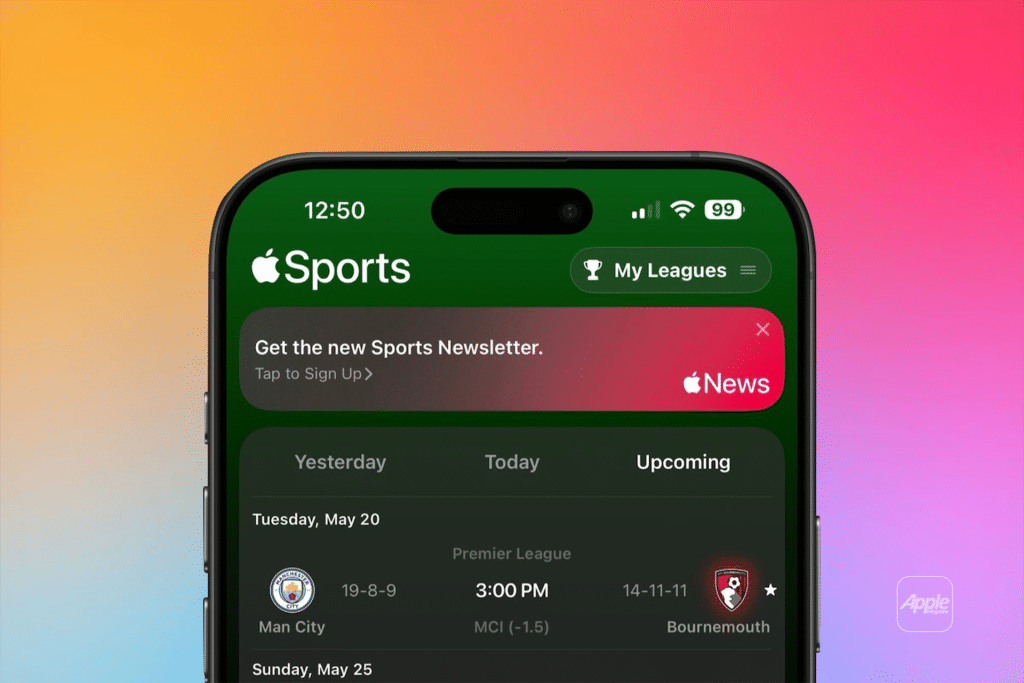 A smartphone displays the Sports App, featuring the Apple Sports app with a Premier League match between Manchester City and Bournemouth set for May 20. A notification banner for the Apple Sports newsletter appears at the top.