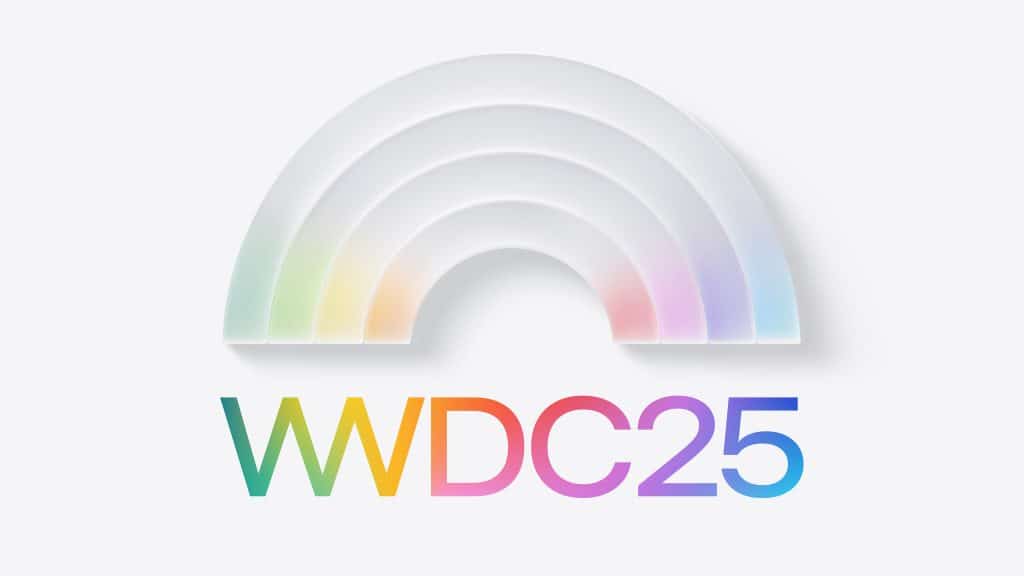 A white, semi-transparent layered rainbow sits above the text "WWDC25" in a gradient of rainbow colors on a light background, evoking the excitement of an Apple Worldwide Developers Conference event.