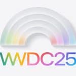 A white, semi-transparent layered rainbow sits above the text "WWDC25" in a gradient of rainbow colors on a light background, evoking the excitement of an Apple Worldwide Developers Conference event.