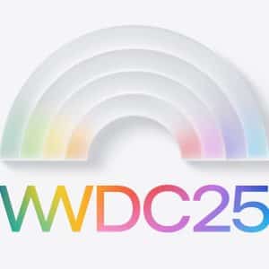 A white, semi-transparent layered rainbow sits above the text "WWDC25" in a gradient of rainbow colors on a light background, evoking the excitement of an Apple Worldwide Developers Conference event.
