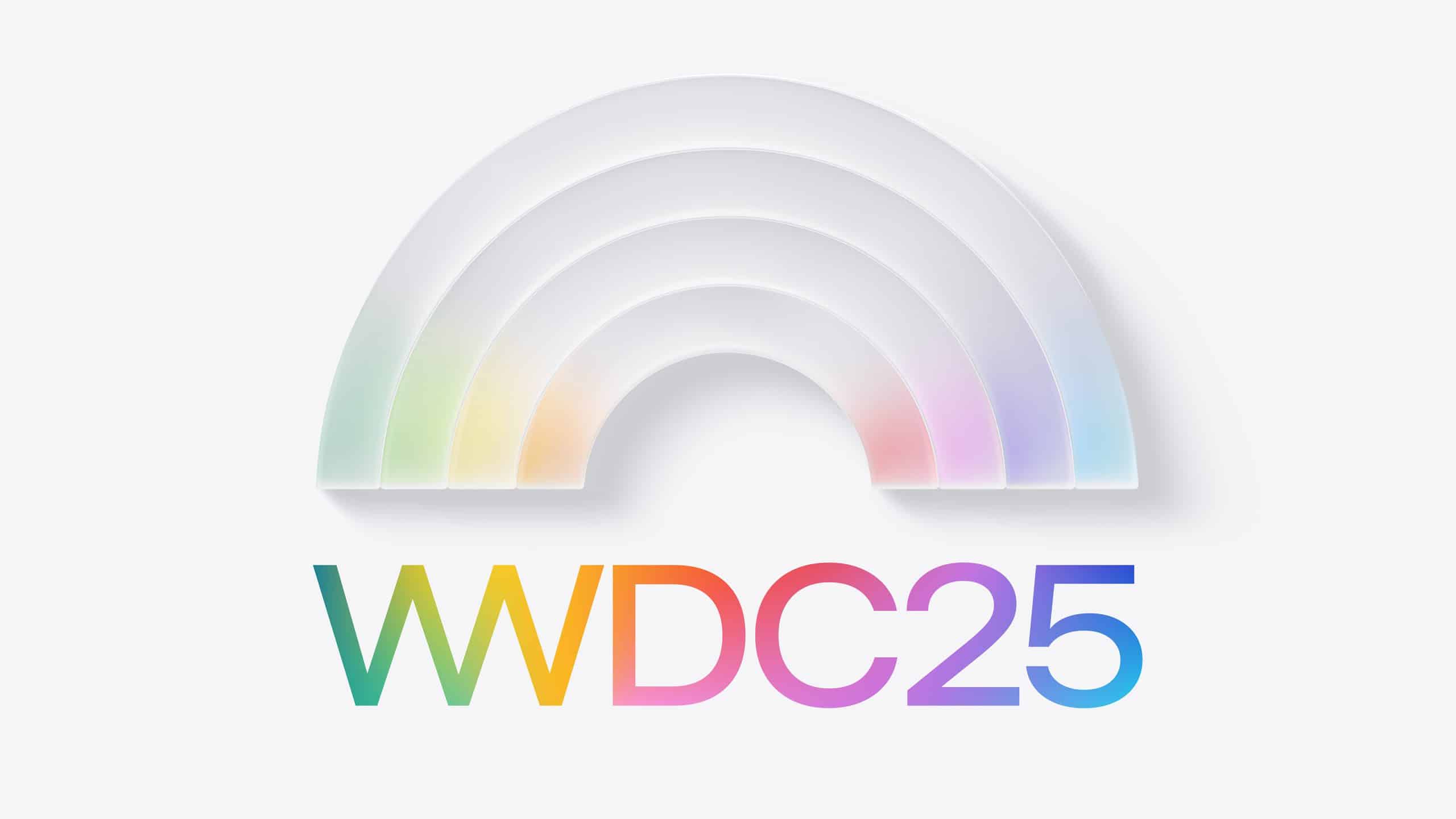 A white, semi-transparent layered rainbow sits above the text "WWDC25" in a gradient of rainbow colors on a light background, evoking the excitement of an Apple Worldwide Developers Conference event.