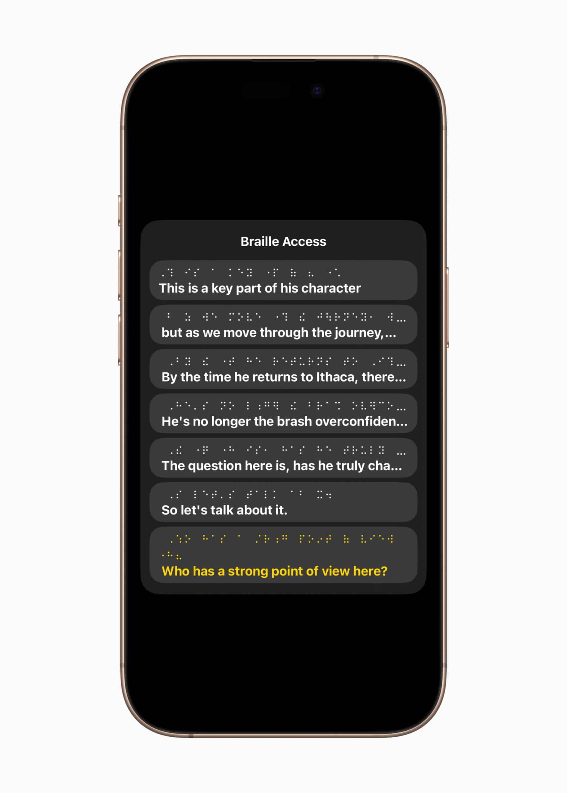 A smartphone screen displays a series of messages in both braille and text, highlighting Apple accessibility features. The last message, highlighted in yellow, reads: "Who has a strong point of view here?"—a game-changing step for 2025.