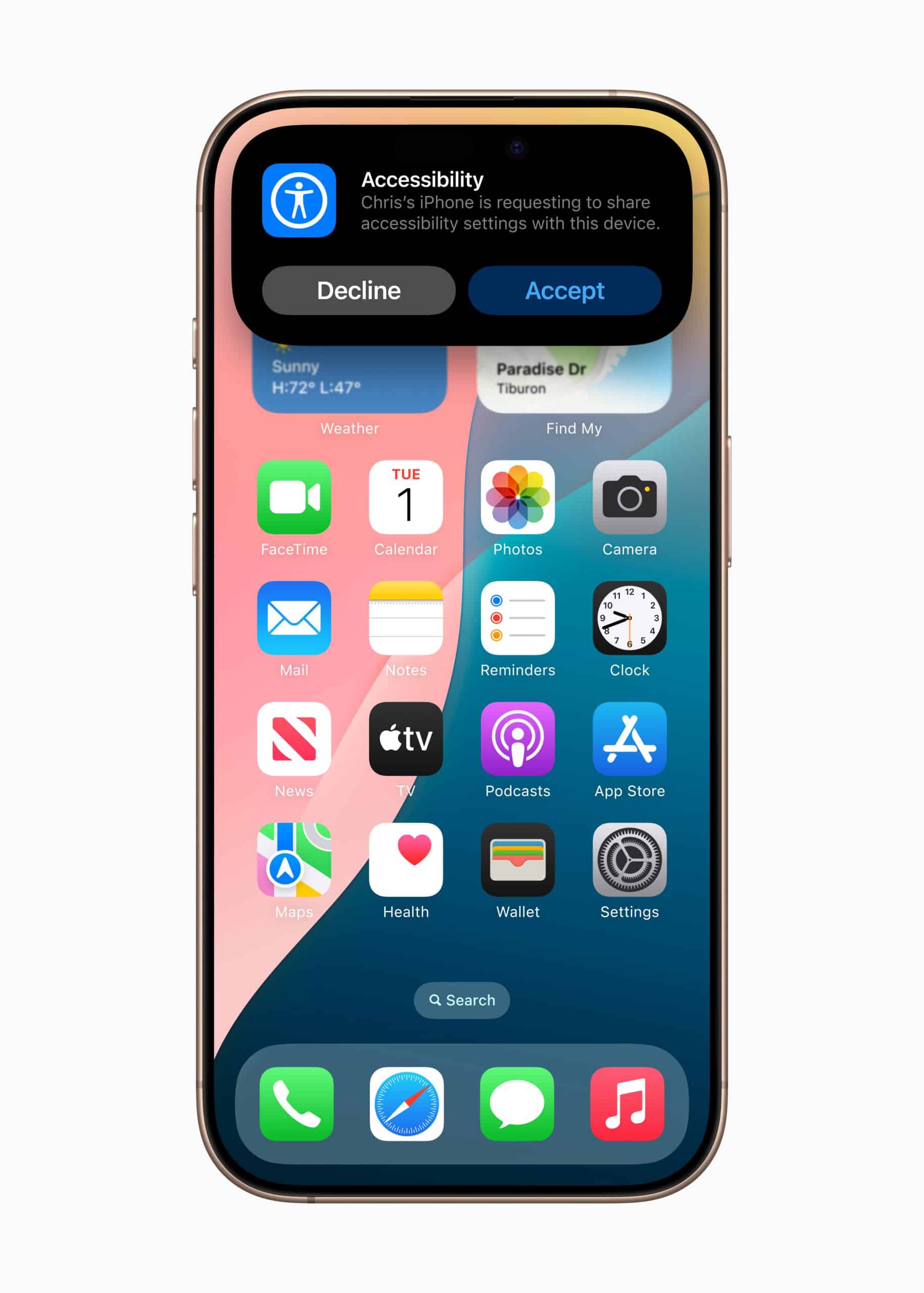An iPhone screen displays a notification at the top, prompting to share Apple accessibility features, with "Decline" and "Accept" options. Various app icons are visible on the home screen, reflecting Apple 2025 design trends.