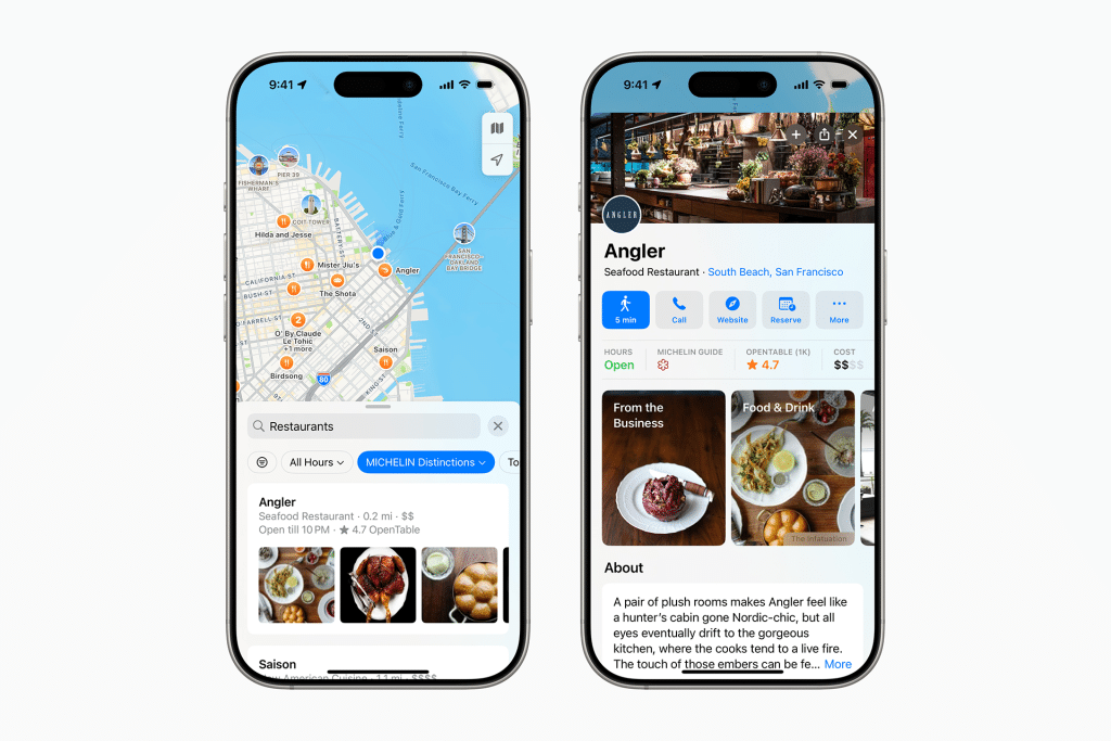 Two smartphones display a map and restaurant details. The left phone shows Angler selected on Apple Maps in San Francisco. The right phone features Angler’s info, dish photos, and MICHELIN Ratings on a restaurant app.
