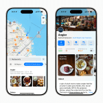 Two smartphones display a map and restaurant details. The left phone shows Angler selected on Apple Maps in San Francisco. The right phone features Angler’s info, dish photos, and MICHELIN Ratings on a restaurant app.