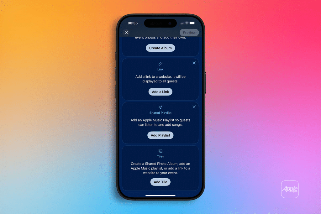 A smartphone screen displays options to add a link, shared playlist, or shared photo album in the Invites App. The background features a soft pink, blue, and orange gradient with an Apple logo in the corner.