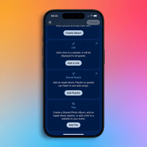 A smartphone screen displays options to add a link, shared playlist, or shared photo album in the Invites App. The background features a soft pink, blue, and orange gradient with an Apple logo in the corner.