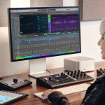 A person with short blonde hair sits at a desk using Logic Pro on a large monitor, surrounded by audio equipment, MIDI controllers, and a computer in a modern studio setting.