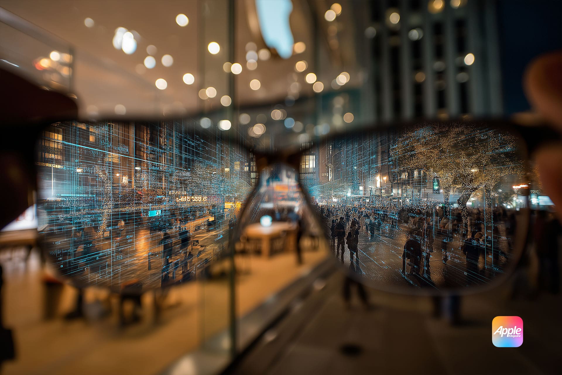 A person holds up smart glasses, through which a city street scene appears enhanced with digital data overlays. The Apple logo is visible in the lower right corner of the image.
