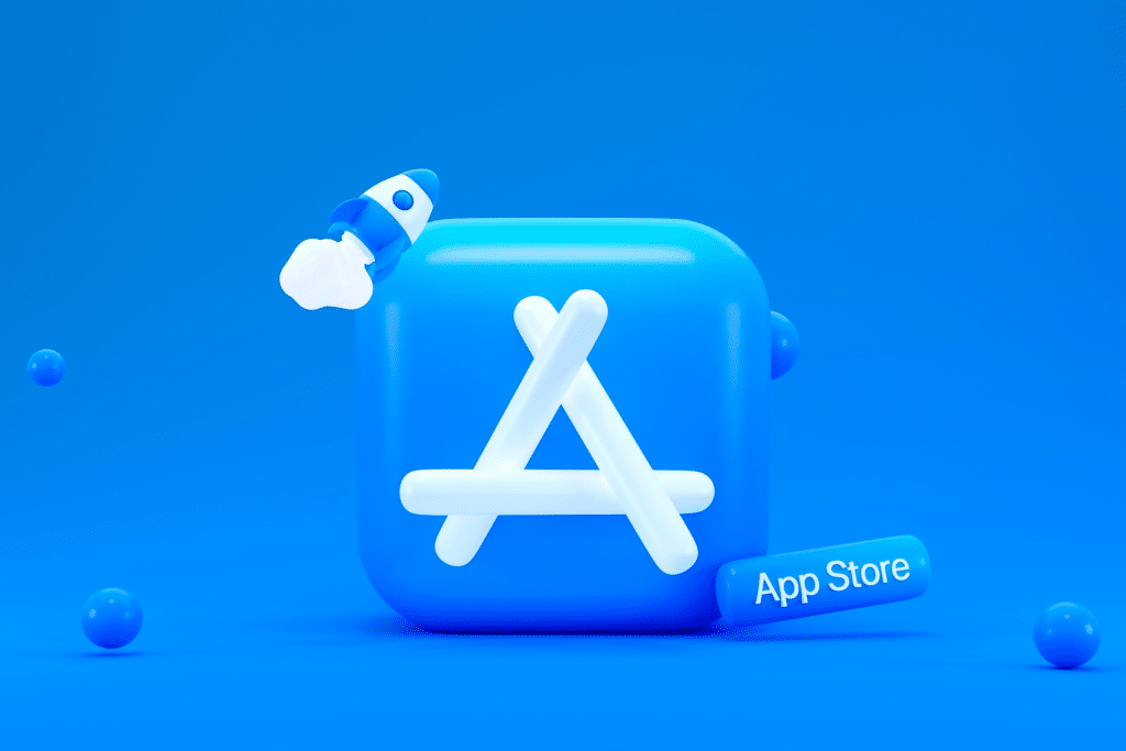 A 3D blue icon featuring the white App Store logo, a small rocket soaring above it, and a label reading "App Store," set on a vibrant blue background with floating spheres. Perfect for showcasing innovative App Store experiences.