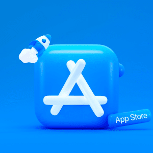 A 3D blue icon featuring the white App Store logo, a small rocket soaring above it, and a label reading "App Store," set on a vibrant blue background with floating spheres. Perfect for showcasing innovative App Store experiences.