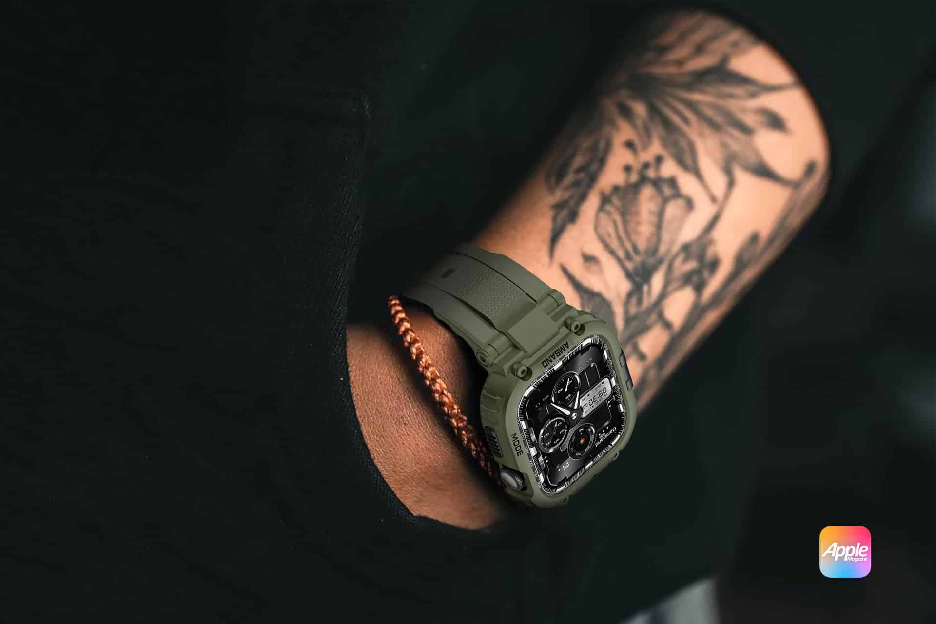 A person with a floral tattoo from modern tattoo studios showcases their personal style, wearing a rugged green Apple Watch on their wrist and resting their hand in a pocket. The Apple logo appears in the lower right corner.