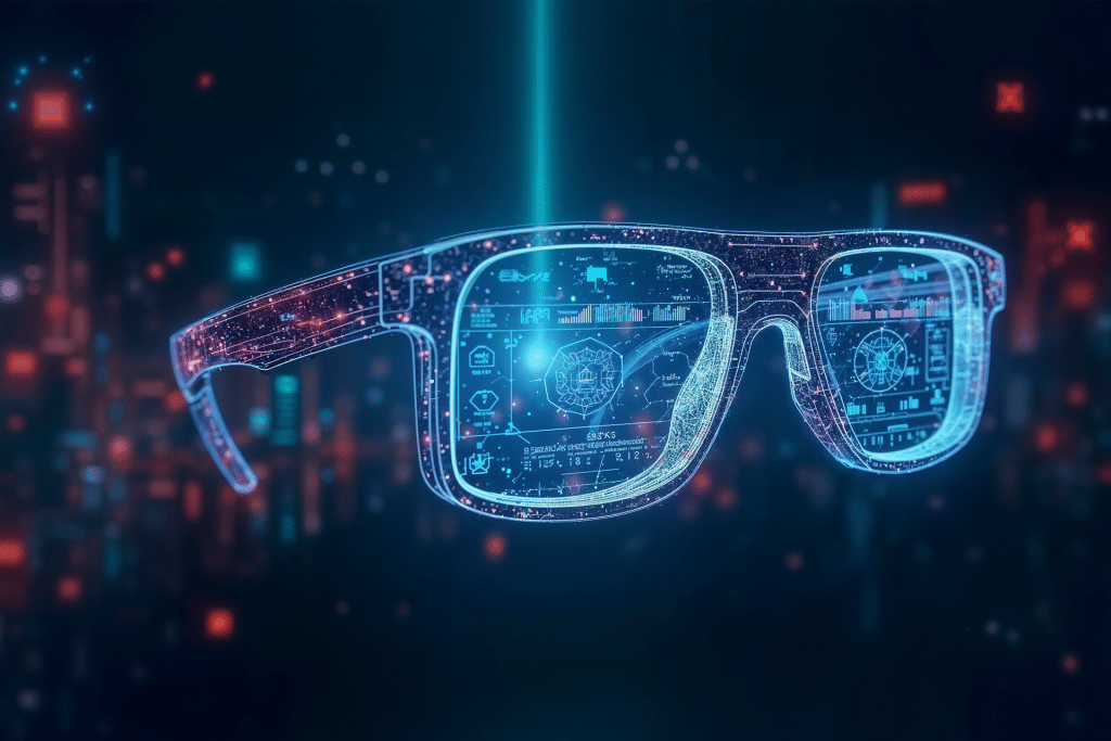 Futuristic Apple Glass smart glasses with digital holographic displays showing data and interface icons, set against a dark, high-tech background with glowing lights and abstract shapes.
