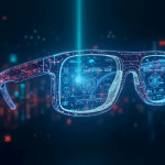 Futuristic Apple Glass smart glasses with digital holographic displays showing data and interface icons, set against a dark, high-tech background with glowing lights and abstract shapes.