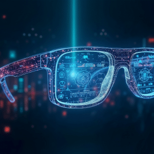 Futuristic Apple Glass smart glasses with digital holographic displays showing data and interface icons, set against a dark, high-tech background with glowing lights and abstract shapes.