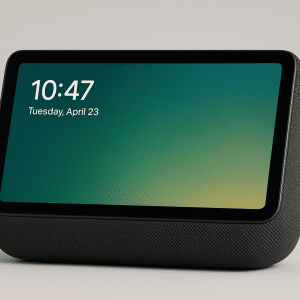 A smart home display with a wide screen shows the time “10:47” and date “Tuesday, April 23.” The black device rests on a flat surface, featuring a small Apple logo in the bottom right corner.