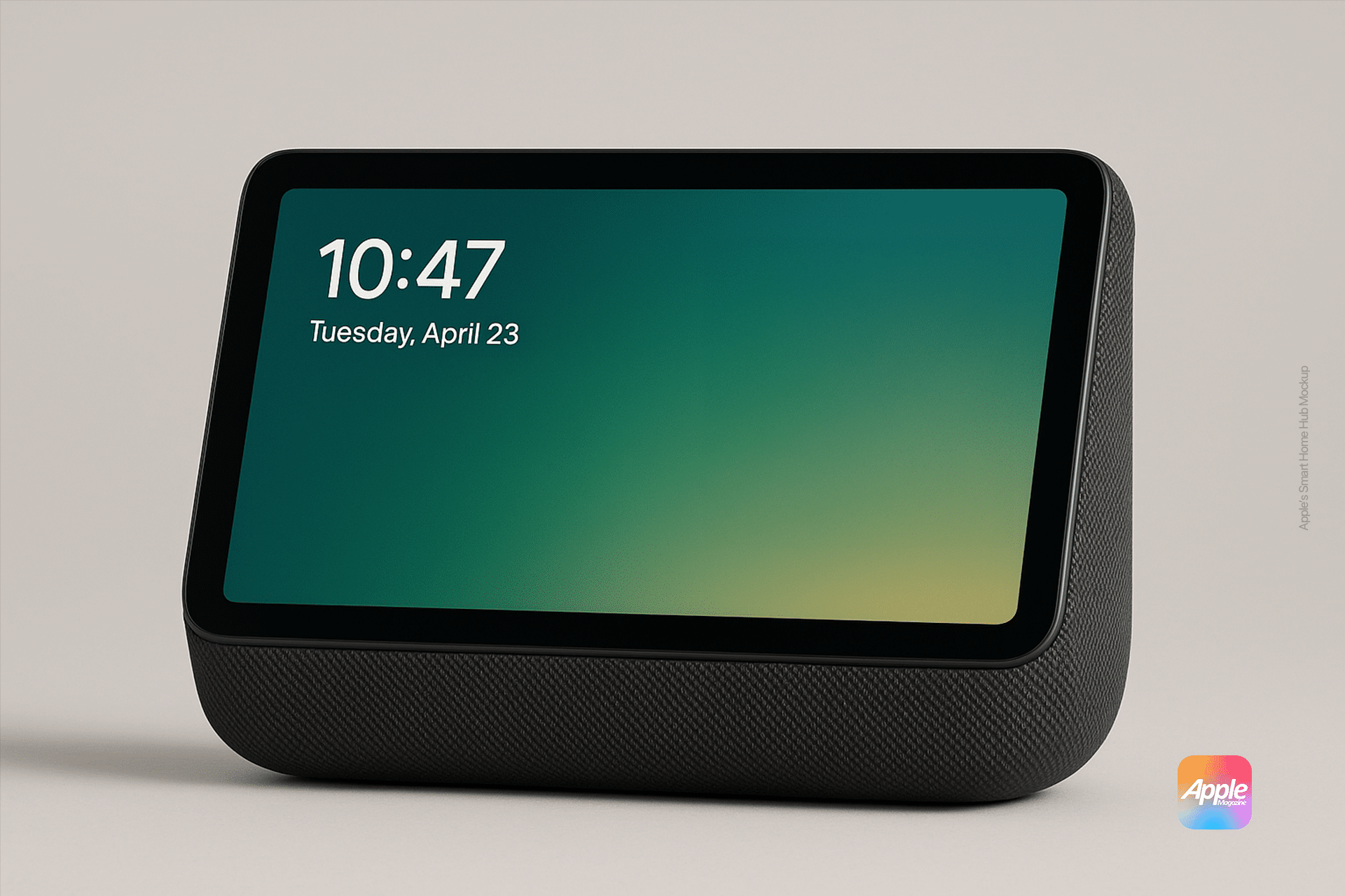 A smart home display with a wide screen shows the time “10:47” and date “Tuesday, April 23.” The black device rests on a flat surface, featuring a small Apple logo in the bottom right corner.