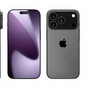 Multiple views of the sleek iPhone 17 Pro, including front, back, sides, top, and bottom. The black phone features three rear cameras with an Apple logo on the back. Its display is on, showcasing a purple gradient wallpaper.