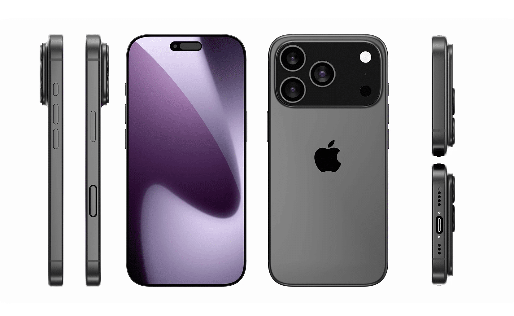 Multiple views of the sleek iPhone 17 Pro, including front, back, sides, top, and bottom. The black phone features three rear cameras with an Apple logo on the back. Its display is on, showcasing a purple gradient wallpaper.