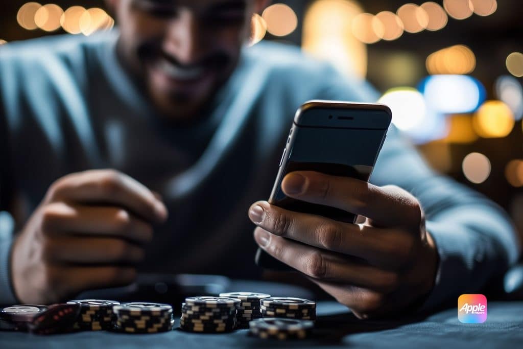 A smiling person holds a smartphone in one hand while sitting at a table with poker chips. The background is softly lit, and an Apple logo appears in the lower corner.