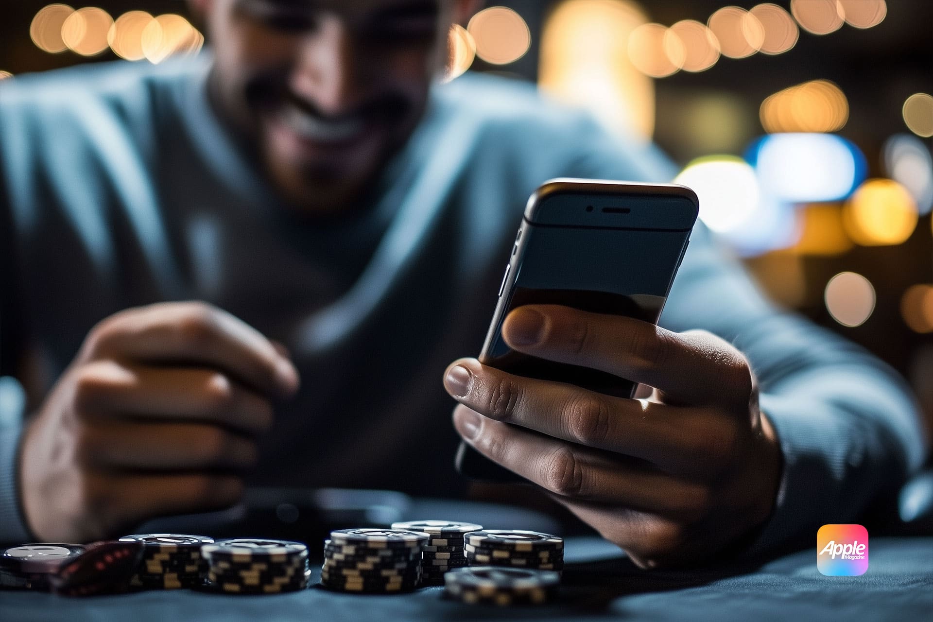 A smiling person holds a smartphone in one hand while sitting at a table with poker chips. The background is softly lit, and an Apple logo appears in the lower corner.