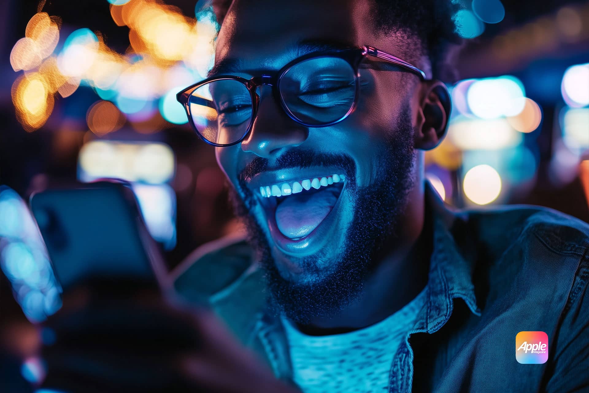 A smiling man wearing glasses looks at his smartphone, laughing with joy. He is in a colorful, blurred background with bright bokeh lights. An Apple logo is visible in the bottom right corner.