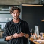 A young man with curly hair and a beard stands in a modern office, holding a smartphone. He wears a black shirt and several bracelets. The workspace behind him is bright and organized, with desks and computers.