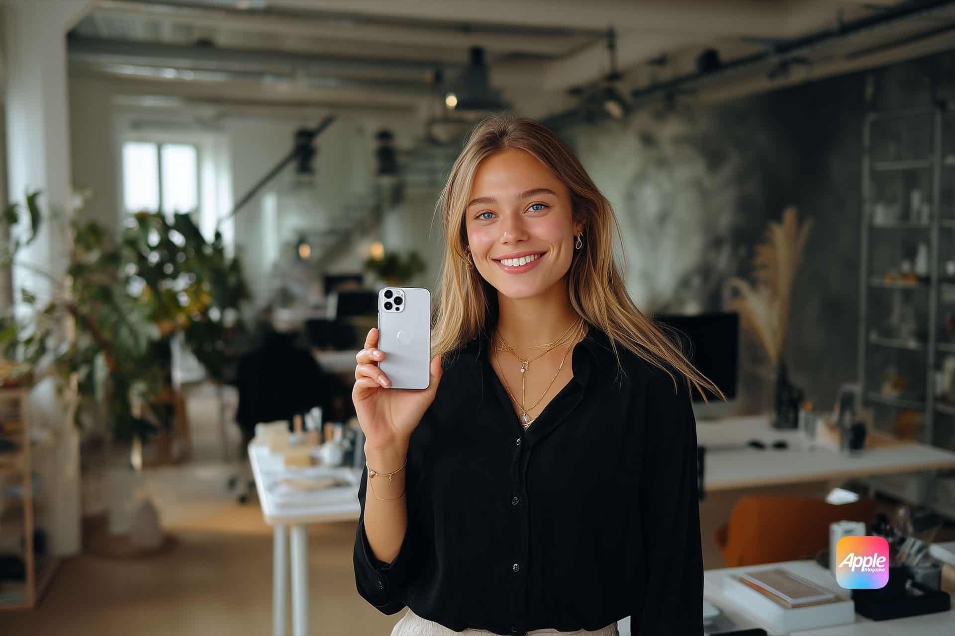 A smiling woman stands in a modern office, holding up a silver smartphone. She wears a black blouse and gold jewelry. The Apple logo is visible in the bottom right corner.