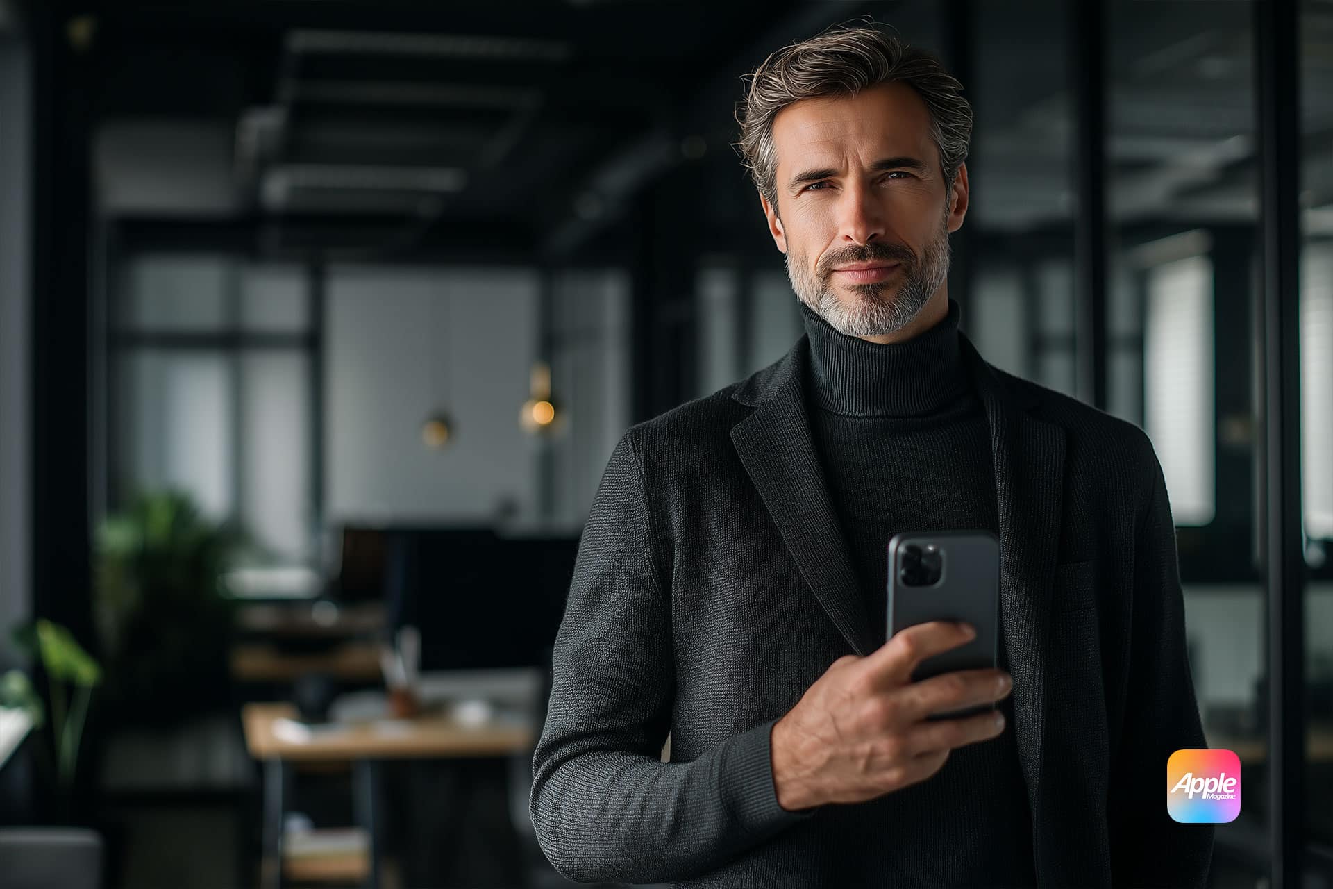 A confident man wearing a black turtleneck and blazer holds a smartphone in a modern office. The Apple logo is visible in the lower right corner of the image.