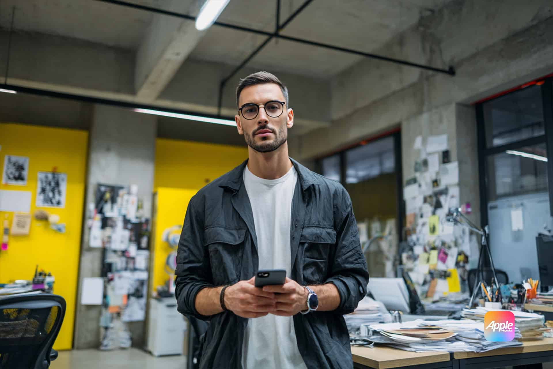 A man with glasses and a beard stands in a modern, cluttered office holding a smartphone. He wears a white shirt, black jacket, and looks at the camera. The workspace has yellow walls, papers, and office supplies scattered around.