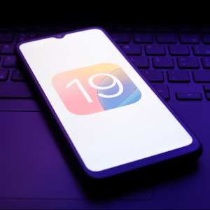 An iPhone lock screen showcasing a sleek iOS 19 interface with a charging indicator, highlighting AI-optimized battery status for iOS 19 battery AI 2025, placed on a modern desk beside an iPhone 17 Air.
