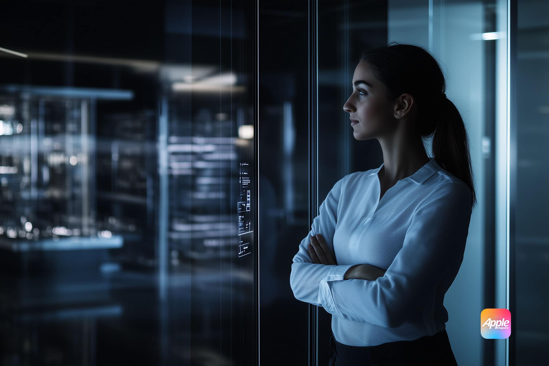 A woman in a white blouse with arms crossed stands in a modern, dimly lit office with glass walls, looking thoughtfully ahead. The Apple logo is visible in the bottom right corner.