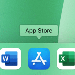 A close-up of a computer dock displays app icons like Microsoft Word, App Store, and Excel. A green label above the App Store icon clearly identifies it as “App Store.”.