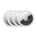 Four overlapping Apple AirTag trackers are shown on a white background, each featuring a silver and white circular design with the Apple logo in the center, highlighting enhanced tracking and improved safety features.