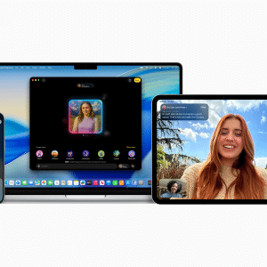 A smartphone, laptop, and tablet display various video call and messaging apps inspired by Craig Federighi, featuring a young woman smiling during a video chat and colorful messaging interfaces against a white background.