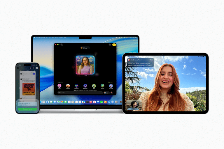 A smartphone, laptop, and tablet display various video call and messaging apps inspired by Craig Federighi, featuring a young woman smiling during a video chat and colorful messaging interfaces against a white background.