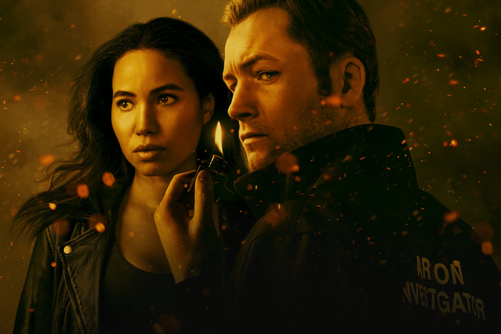 A serious woman and man stand close together amid floating embers; the man, possibly Taron Egerton, holds a lit lighter and wears a dark jacket reading "ARSON INVESTIGATOR." The smoky orange scene evokes a gripping crime thriller.