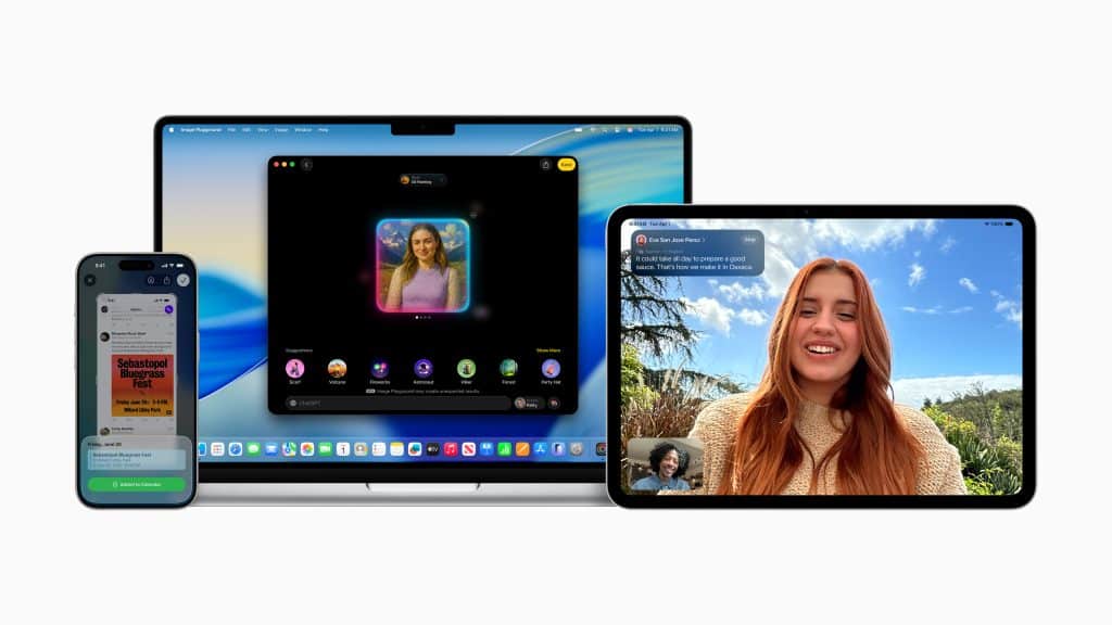 An iPhone, MacBook, and iPad are shown side by side. With Apple Intelligence, the iPhone displays a message thread, the MacBook shows a video call, and the iPad features a woman smiling during a FaceTime call against a blue sky.