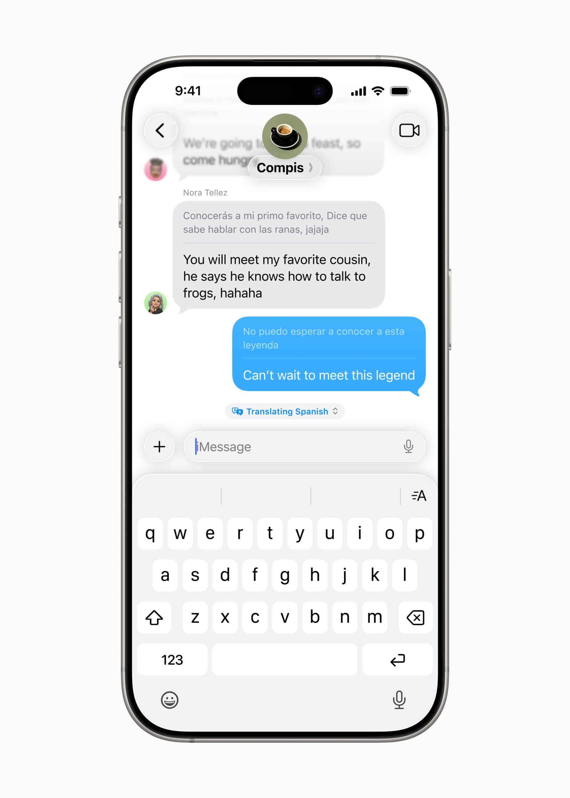 A smartphone screen running ioS 26 displays a group chat in a messaging app. A message is being translated from Spanish to English, discussing meeting someone’s cousin who claims to know how to talk to frogs. The keyboard is visible below.