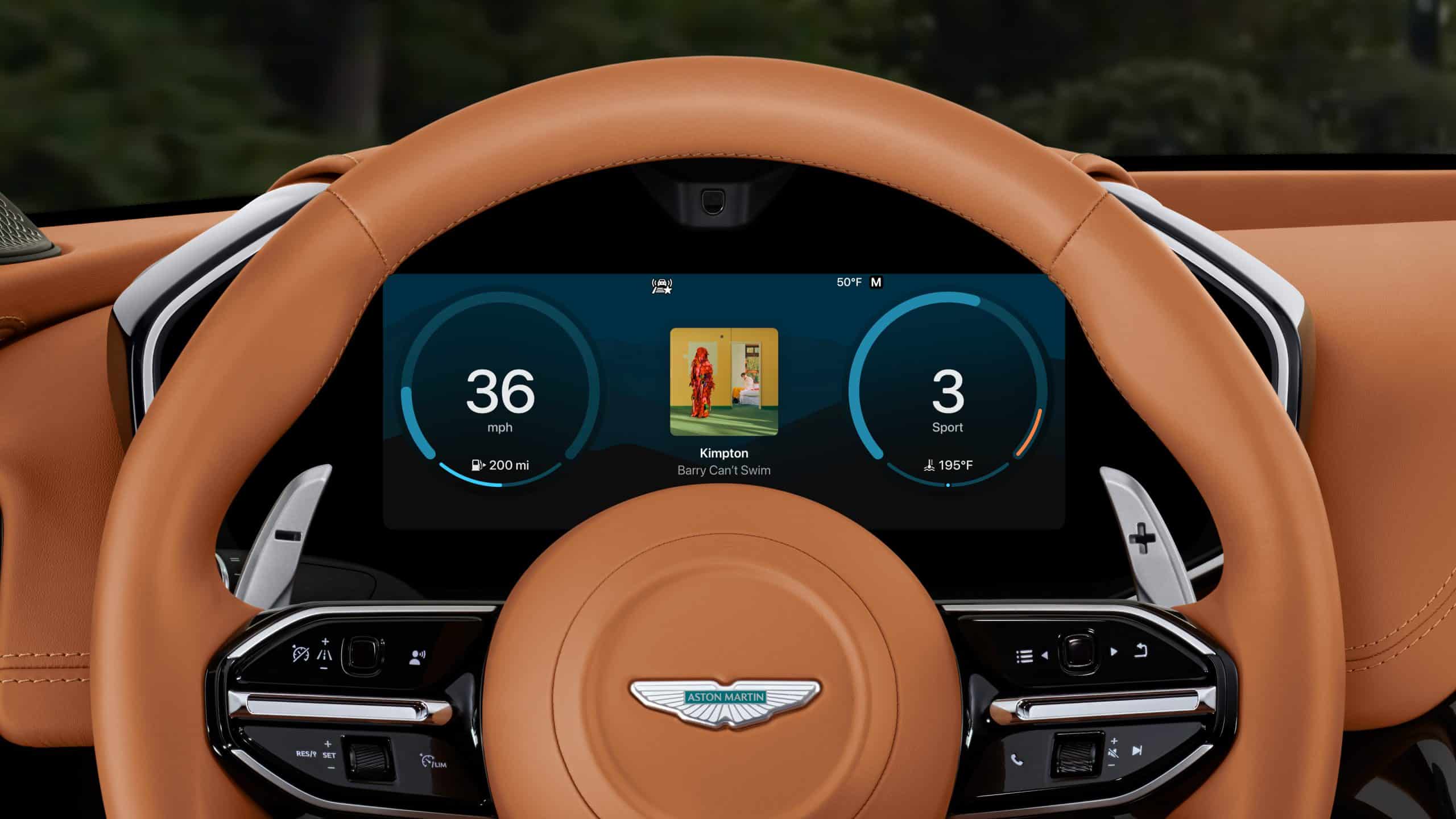 A digital dashboard of a car with a tan leather steering wheel displays speed (36 mph), driving mode (Sport), miles remaining (200), temperature (59°F), and music track ("Baby Can't Survive" by Kingston) playing, all integrated with iOS 26.