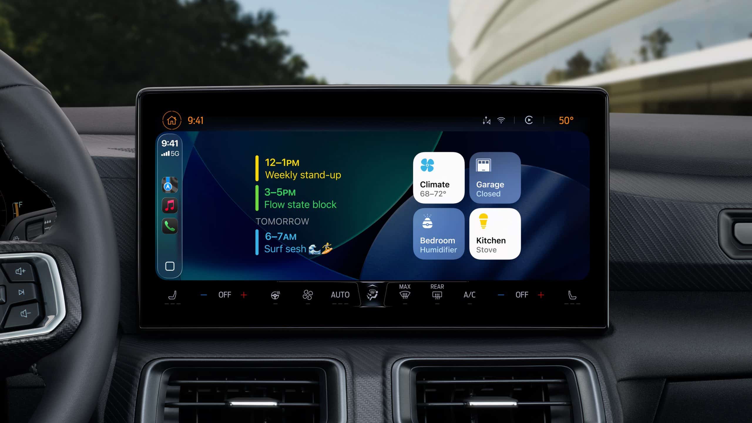 Apple’s next-generation CarPlay interface displayed across multiple in-car screens, showing customizable speedometer, widgets, and climate controls.
