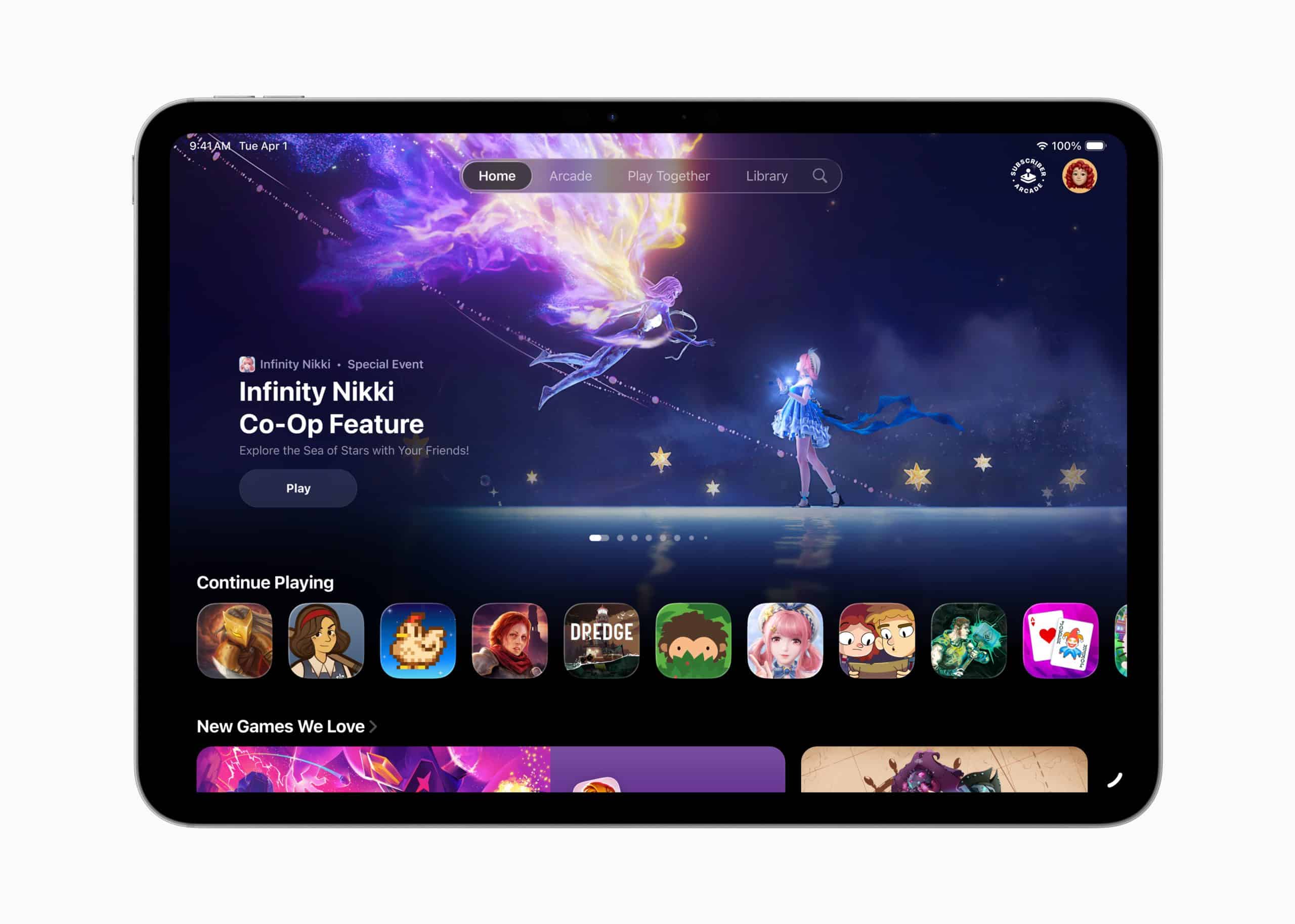 A tablet screen running iPadOS 26 displays a game platform interface featuring "Infinity Nikki Co-Op Feature" with two fantasy characters, one glowing and flying, and a game selection bar below showing various colorful game icons.