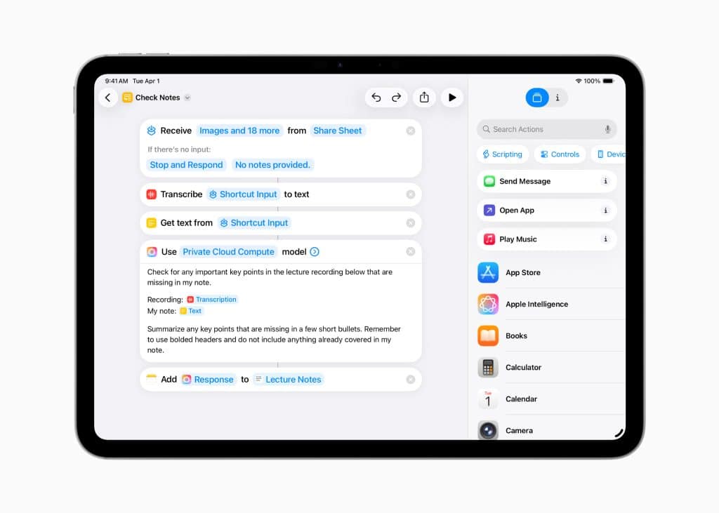 An iPadOS 26 screen displays the Shortcuts app with an automation workflow for checking notes. Steps include receiving images, responding, transcribing input, and summarizing notes. The right pane shows app categories and a search bar.