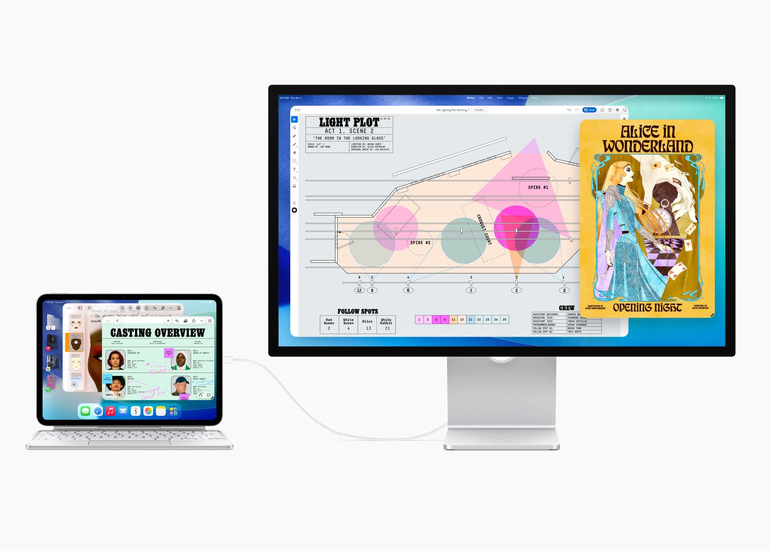 An iPad running iPadOS 26 connects to a large monitor via a white cable. The iPad shows a casting overview, while the monitor displays a stage light plot and an "Alice in Wonderland" theater poster.
