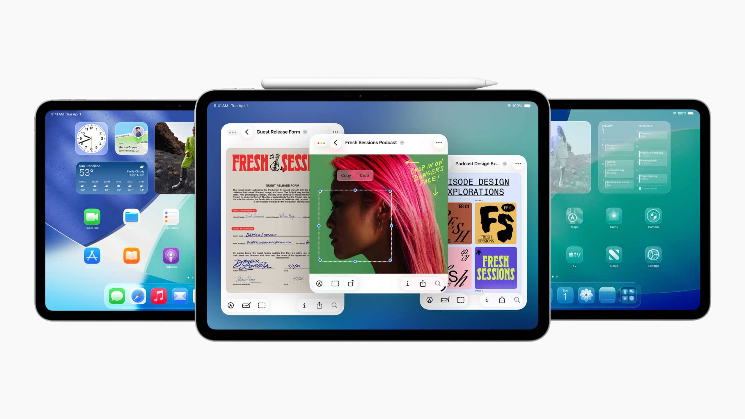Three iPads running iPadOS 26 display different multitasking screens; the center shows overlapping windows, the left features the home screen, and the right shows control center settings. An Apple Pencil rests on top.