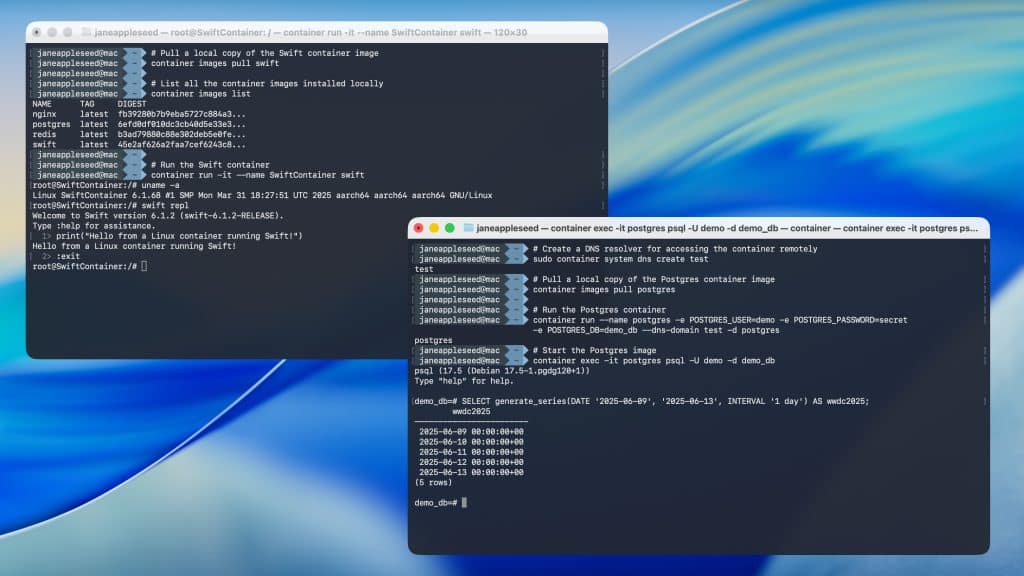 Two terminal windows on a computer screen show commands and outputs for Swift and PostgreSQL containers, with a blue abstract background visible behind them.