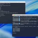 Two terminal windows on a computer screen show commands and outputs for Swift and PostgreSQL containers, with a blue abstract background visible behind them.