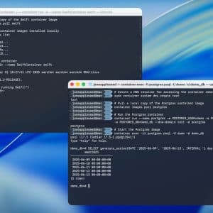 Two terminal windows on a computer screen show commands and outputs for Swift and PostgreSQL containers, with a blue abstract background visible behind them.
